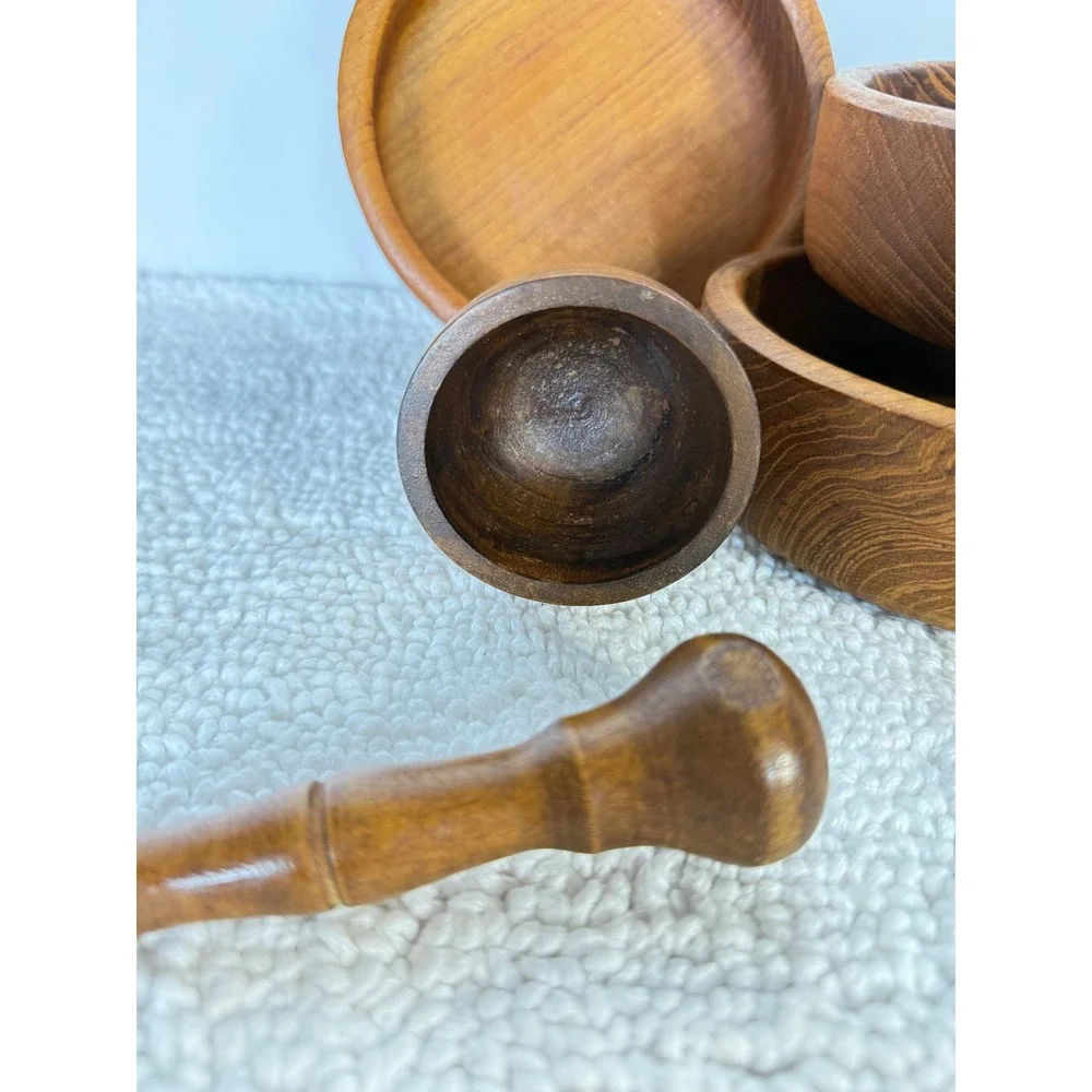 Vintage‎ Wooden Mortar Pestle Set 3 Bowls Kitchen Spice Grinder Herbs